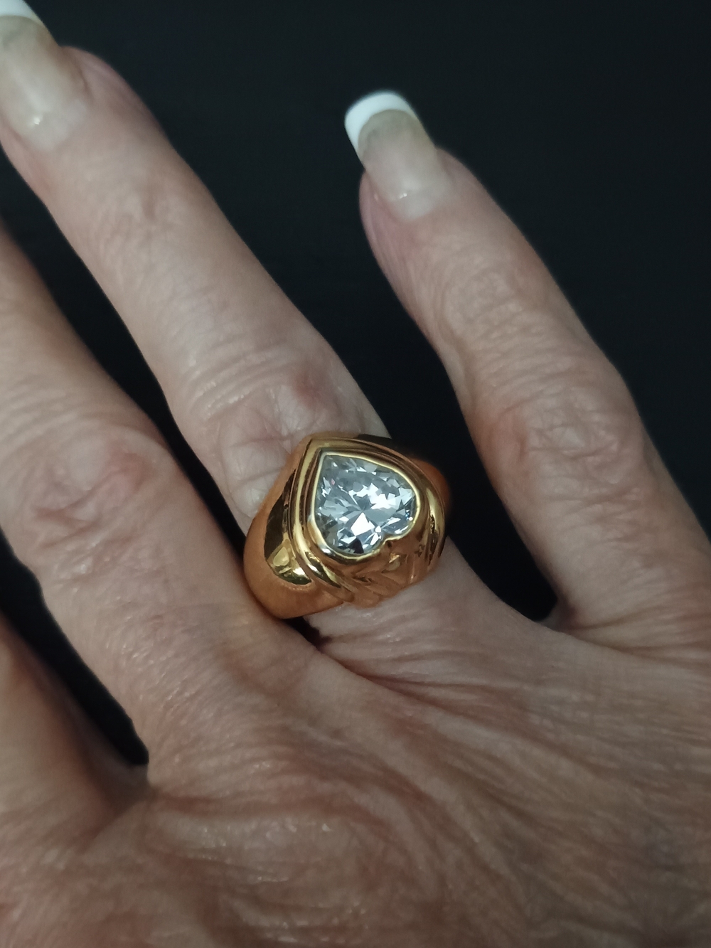 Vintage Signet  Stampted Gold-Tone Heart Crystal Statement Ring - Women Jewelry